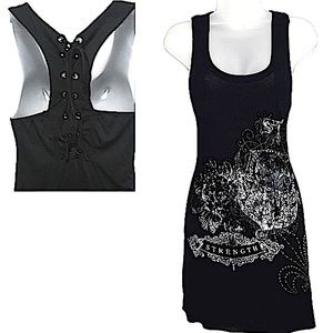 Y2K S-Twelve Beaded Beaded Tattoo Style Lace Up Back Mini Dress Black Gray M